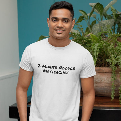 White 2 Minute Noodle Masterchef t-shirt, unisex cotton tee, XS to 4XL sizes, ideal for food enthusiasts and everyday fashion